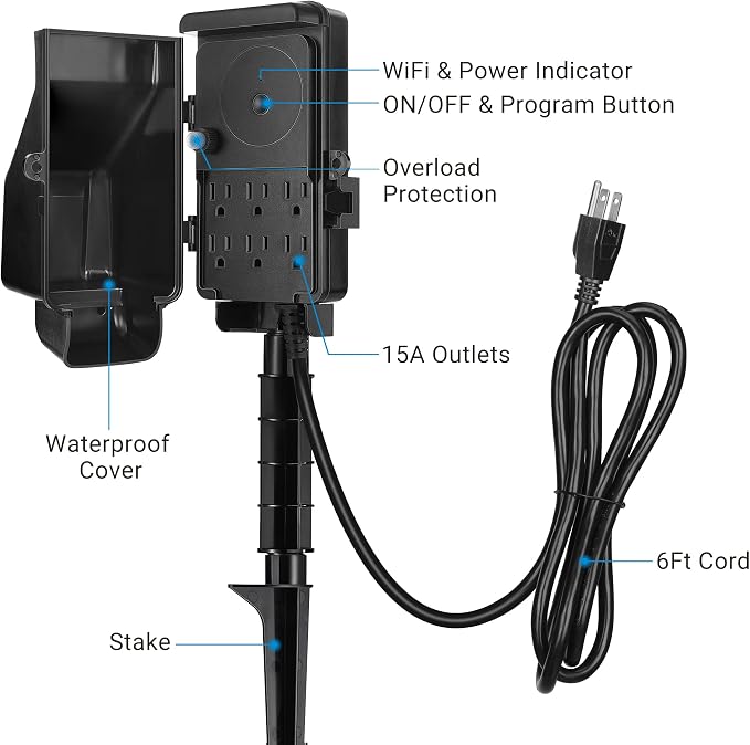 DEWENWILS WiFi Smart Yard Stake Timer Plug, Outdoor Power Stake Timer | 6 Outlets, 6FT Cord, Waterproof, Voice Control, Alexa&Google Assistant Compatible, 1875W/15A, for Patio, Halloween Decors