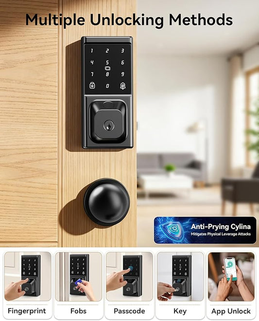 Smart Deadbolt Lock with Knob Handle, Keyless Entry Door Lock Set, Fingerprint, Touchscreen Keypad, APP Control, Temporary Passcode, Auto Lock, IP54 Waterproof, Easy Install for Front Door