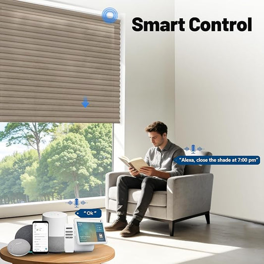 Motorized Cellular Shades with Remote, Light Filtering Smart Cellular Shades Compatible with Alexa, Honeycomb Window Blinds for Bedroom Home Office, Custom Size, Half Shading Golden Brown