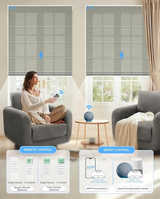 Motorized Roman Shades for Windows, Custom Light Filtering Roman Blinds with Remote, Smart Privacy Window Shades for Living Room Kitchen Office, Alexa & Google Home Compatible, App Control via RF Hub