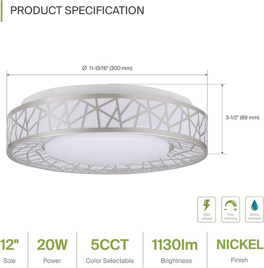 ASD 12 Inch LED Flush Mount Ceiling Light Fixture for Bedroom, 20W 1130LM 5CCT 2700K-5000K, Triac Dimmable Lights, Dining, Living Room, Kitchen Lamps, Modern Home Lighting Fixtures, Nickel, ETL