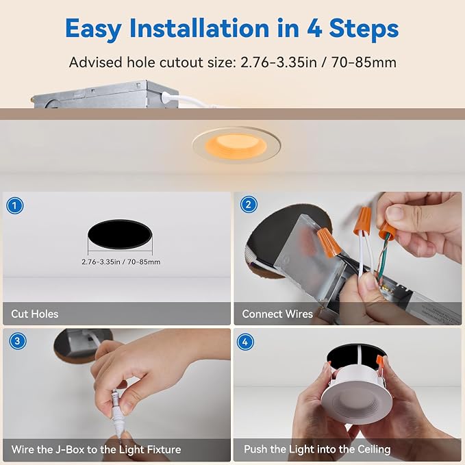 CycevSun 3 Inch 6 Pack LED Recessed Light with Night Light, Dual Mode | 5CCT 2700K-5000K Selectable, Dimmable, Sync & Reset, Canless Downlight, Main Light 6W, Night Light 2W, ETL, IC Rated