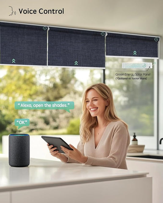 Yoolax Motorized Blinds with Remote, 100% Blackout Smart Roller Shades Work with Alexa, Google, Apple Homekit, Custom Automatic Shades with Voice Control for Bedroom Office (Fabric Navy Blue)