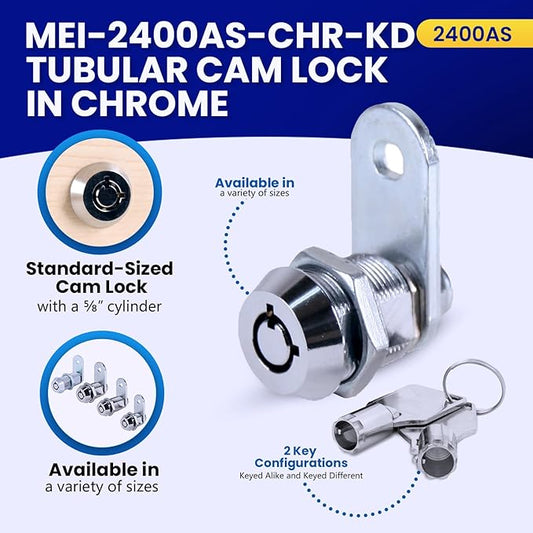 FJM Security MEI-2400AS-KD Tubular Cam Lock for Smart Home, Cabinet Locks Baby Proofing Solution, Door Lock & Drawer Lock for Home Improvement, with 5/8" Cylinder, Keyed Different, Chrome