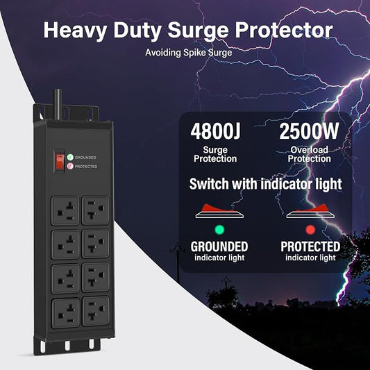 CCCEI 2PCS 12 Gauge Heavy Duty Power Strip, 8 Ports. Black, 10FT.