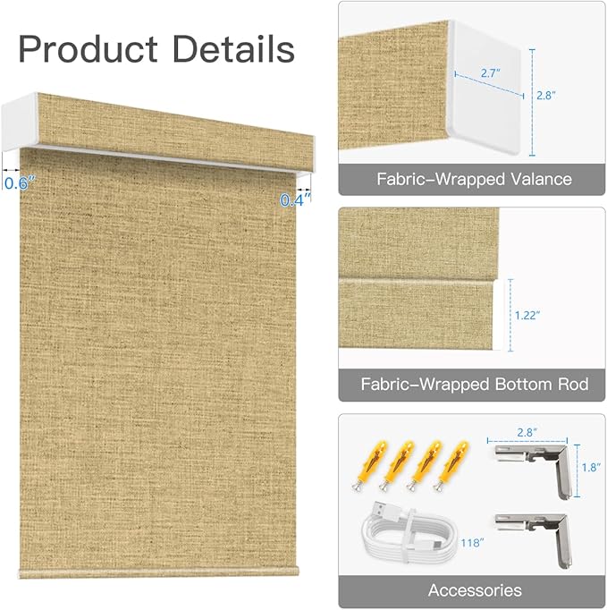Tokblind Motorized Blackout Roller Shade Fabric Covered Valance and Bottom Rod, Remote Control Electric Window Blind Compatible with Alexa Google via Hub, Custom Size (Dark Coffee - Wrapped Fabric)