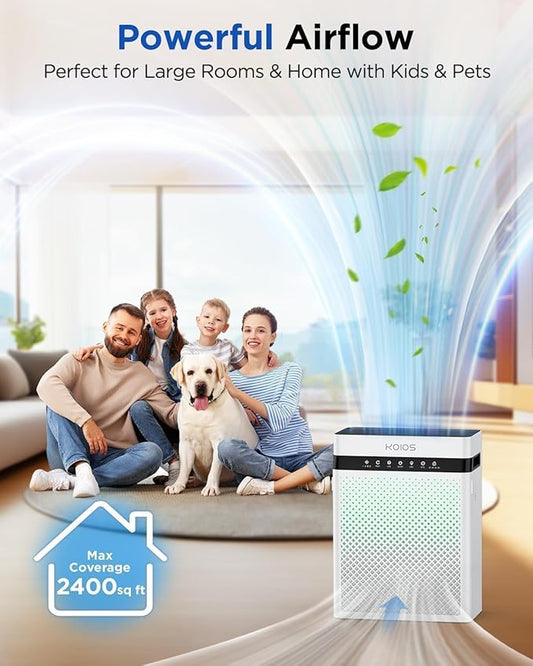 KOIOS Air Purifiers for Home Large Room up to 2400sq.ft, Air Purifier for Home Pets with Washable HEPA Filter, Air Quality Sensor & Aromatherapy, Air Cleaner for Bedroom, Dorm, Office K03