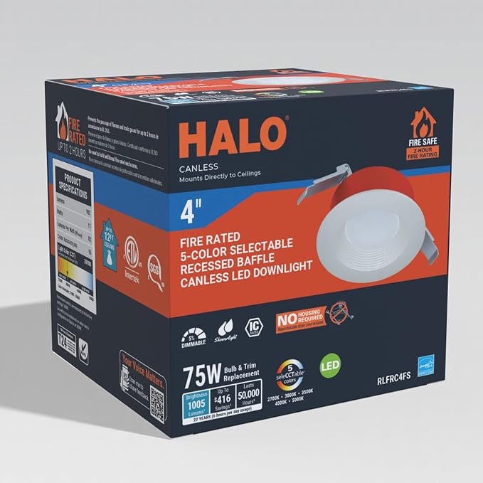 HALO RL Fire-Rated 4 in Canless LED Recessed Light Trim, Selectable 5CCT 2700K-5000K, 1000 Lumens, IC Rated, Wet Location, Dimmable,