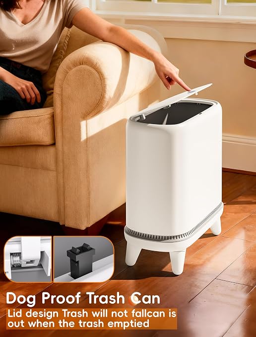 Dog Proof Small Bathroom Trash Can with Lid, Slim Press Top Garbage Can, Narrow White Plastic Waste Basket, for Bathroom Bedroom Office Raised Legs 4.8 Gal with 5 Roll 75 Trash Bags
