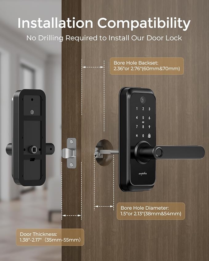 WiFi Video Smart Lock with Camera & Handle - 6-in-1 Keyless Entry (Fingerprint/App/Keypad/FOB/Key), Electric Deadbolt Door Knob for Front, Built-in WiFi, 2-Way Audio, Auto-Lock, Waterproof - Black