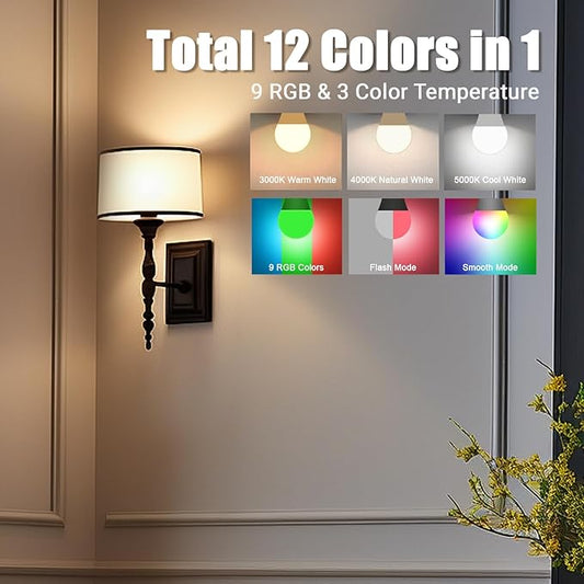 Yochoice Rechargeable Battery Operated Light Bulb with Remote Control, Dimmable LED A19 Bulb with 9 Colors Selectable & 3 Timer, Wireless Light Bulb for Wall Sconce, Non-Hardwired,2 Pack