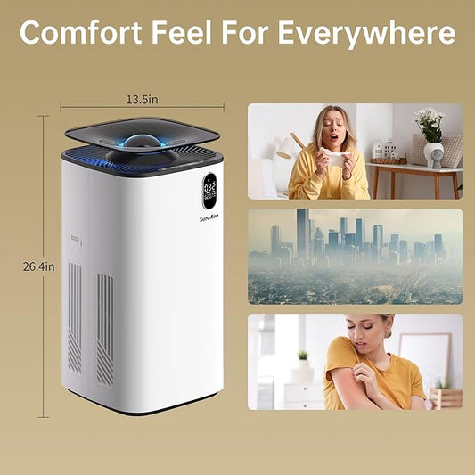 Humidifier and Air Purifier In One with Wheels for Bedroom, 6L Top Fill Evaporative No-White-Mist for Whole Home, Large Room Humidifier with Removable Tank & Dimmable Light, Easy Clean