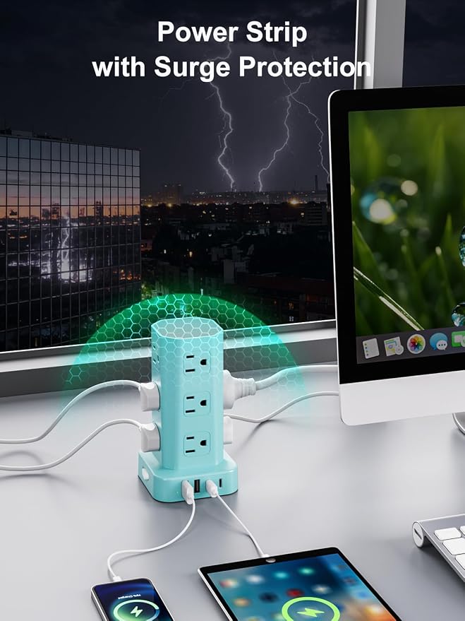 Power Strip Tower Surge Protector, 6FT Flat Plug Extension Cord with Multiple Outlets, 12 AC Outlets 4 USB (2 USB C), Desktop Charging Station with Surge Protection for Home Office Dorm Room, Mint