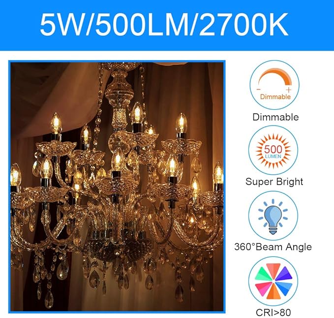 E ENERGETIC LIGHTING LED B10 Candelabra Light Bulbs 60W Equivalent, Soft White 2700K, 500 Lumen, E12 Base, Chandelier LED Edison Bulbs, Dimmable, 8 Pack