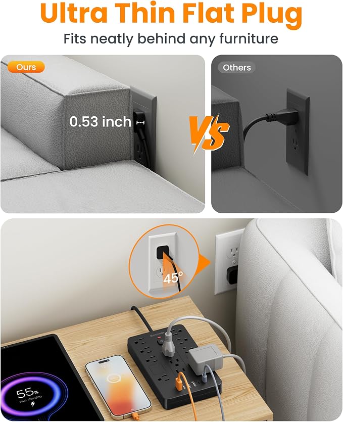 Surge Protector Power Strip - 11 Outlets(1850W/15A/14AWG) with 6 USB Ports(2 USB C), 6FT Flat Plug Extension Cord, Wall Mount, Black, ETL Listed for Home, Dorm Room