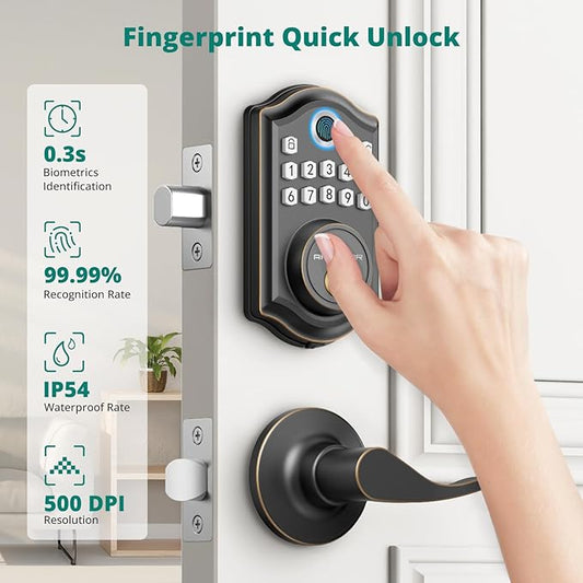 AkaGear DS10 Keyless Entry Door Lock with 2 Lever Handle, Fingerprint, Keypad Code, 2 Keys, Smart Locks for Front Door, Bedroom, One-time Code, Auto-Lock, Easy Installation - Oil Rubbed Bronze
