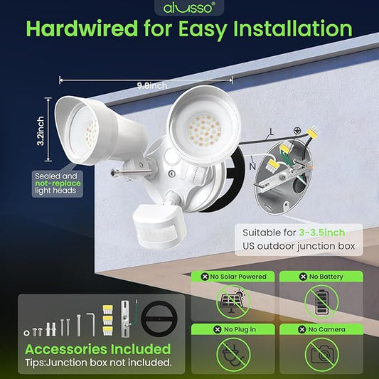 ALUSSO Motion Sensor Outdoor Lights, 30W 3500LM Flood Lights Outdoor 120V, 3 Modes (Dusk to Dawn/Auto/On Time), 3CCT 3000K/4000K/6500K Waterproof Hardwired ETL Listed, Porch Flood Light, White 2PCS
