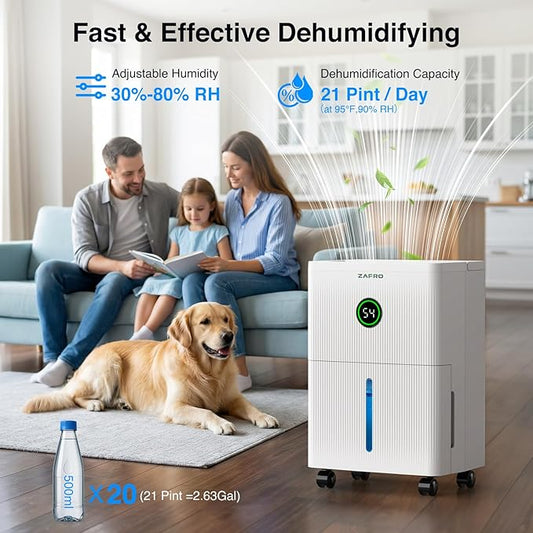 ZAFRO 1600 Sq.Ft Dehumidifiers for Home and Basement with Drain Hose, Ultra Quiet 41dB, Energy Saving Max 21 Pints Dehumidifier with Auto or Manual Drainage, Auto Defrost, Three Modes, Dry Clothes