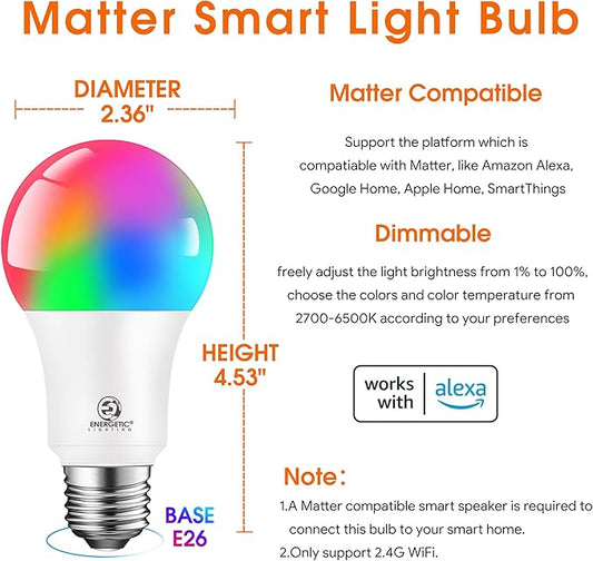 Energetic Matter Smart A19 LED Light Bulb, E26 RGB Color Changing Bulbs, Work with Alexa/Google Home/Apple Home/SmartThings, 60W Equivalent, 800LM, 2.4 Ghz WiFi Only, Smart Speaker Required, 2 Pack