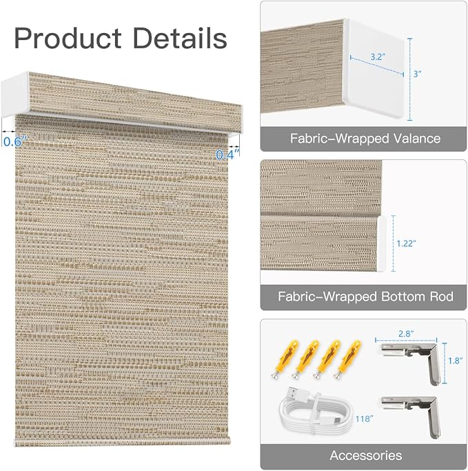 Tokblind Motorized Blackout Roller Shade Fabric Covered Valance and Bottom Rod, Remote Control Electric Window Blind Work with Alexa Google via Hub, Custom Size (Texture Dark Coffee - Wrapped Fabric)