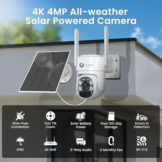 XMARTO Wire-Free Solar PTZ Security Camera Set, 10CH 4K Expandable WiFi 6 NVR with 10*4MP 2K Wireless Outdoor CAM, AI Auto Tracking, All-Weather Solar Charging, 120-Day Local Storage, No Monthly Fee