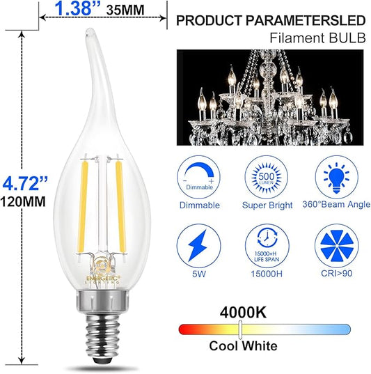 Energetic 12 Pack Dimmable Candelabra Led Light Bulb, CA11 Shape,Flame Tip Style, 60 Watt Equivalent, 4000K Cool White, E12 Base, Led Candelabra Bulb,CRI 90+, Halloween Christmas Decoration