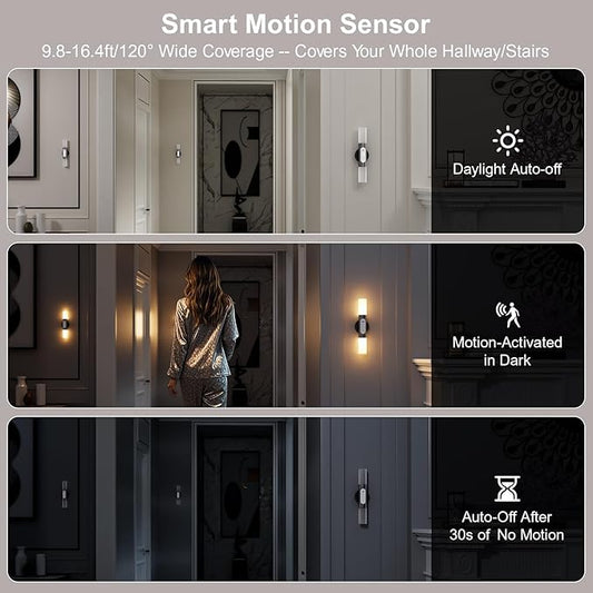 Hensam Motion Sensor Wall Lights with Remote Control, LED Rechargeable Battery Operated Wall Sconces Set of Two for Bedroom, Wireless Night Light for Indoor Stairway, Hallway, Black