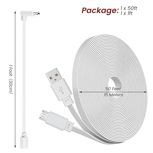 weishan 50ft Power Cable for Wyze Cam v4,Wyze Cam Pan v3,Wyze OG, v3 Pro Security Cameras - 15m Long Flat Extension Micro USB Charging Cord with L-Shaped Short Adapter and 18W Fast Charger, White