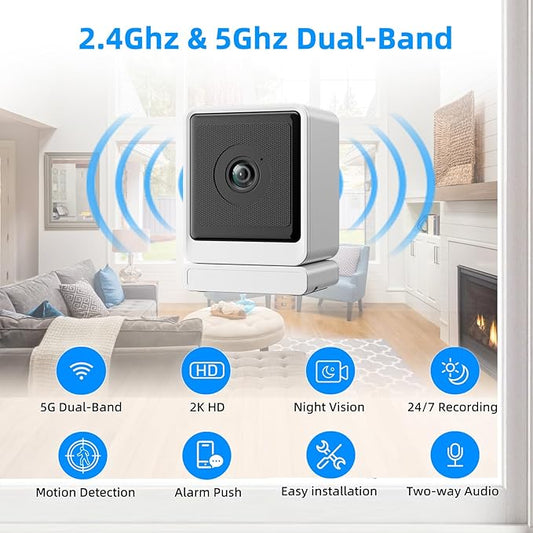 3MP 2K Window Security Camera,2.4G&5G WiFi Indoor Camera for Home with Color Night Vision,24/7 Recording,Motion Detection,Support SD Card and US Cloud Storage,Easy Install & Setup