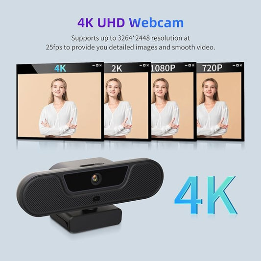 4K Webcam, UHD PTZ PC Camera with Speaker and 4 Microphones, Supporting Remote Control, Digital Zoom, Autofocus, Privacy Cover and Tripod, for Video Calls and Conferences and Live Streaming