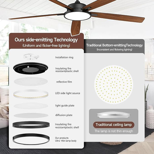 Roomratv 62 Inch Smart Ceiling Fan Compatible with App/Alexa/Google home | Black,Beep-Off Function,Ultra Quiet,Bright and Dimmable Led Light,Energy saving,Reversible,Indoor/Outdoor Use
