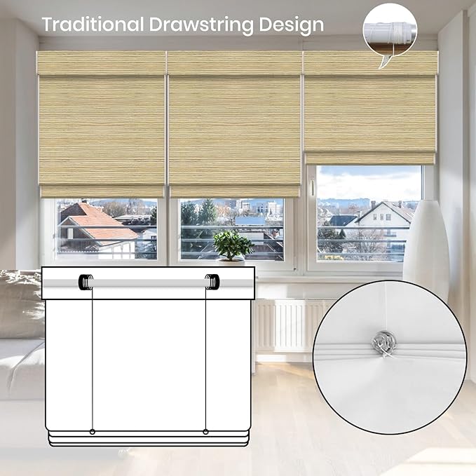 Motorized Roman Woven Woods Shades 100% Blackout Work with HomeKit, Alexa,Google, Remote Control Natural Bamboo Blinds Electric Roman Blinds Custom Size,Crocheting Yellow