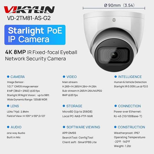VIKYLIN 4K 8MP IP Security Camera,DMSS/SmartPss Lite,Starlight Dome with Built-in Mic, 256GB SD Card Slot, 2.8mm Lens, 98ft IR,IP67, Indoor Outdoor PoE Surveillance Camera