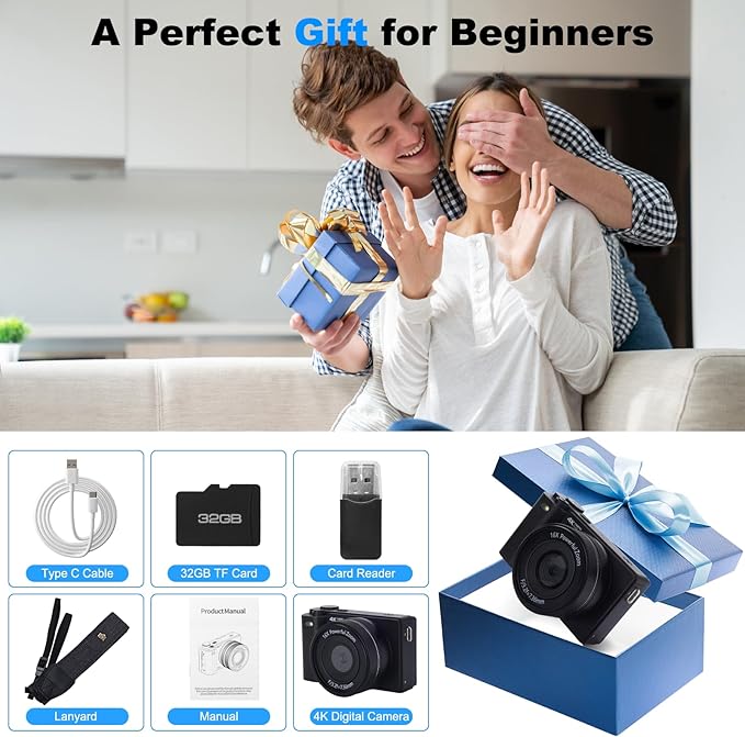 4K Digital Camera for Photography & Video: 64MP Vlogging Camera with 2.8”180° Flip Screen, Autofocus, 16X Digital Zoom, 32GB Card, Compact Point & Shoot Travel Camera for Beginners & Teens