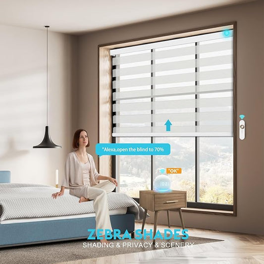 Motorized Zebra Blinds with Remote, Work with HomeKit Alexa, Smart Light Filtering Horizontal Automatic Electric Window Shades for Home Office Customsize(55% Blackout Treebark White)