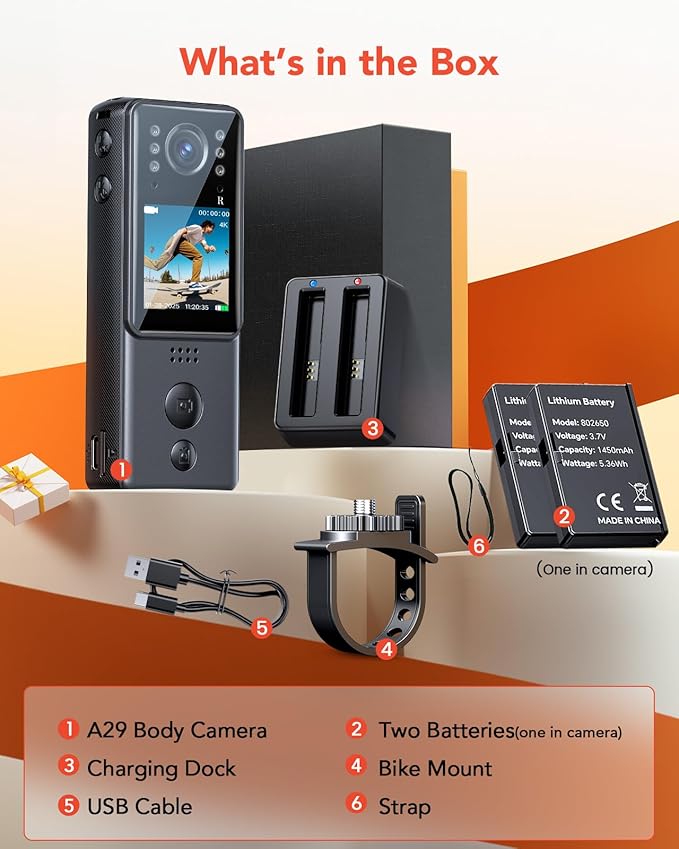BOBLOV 4K Mini Body Camera with Video and Audio 128G, 2X 1400mAh Batteries& Charging Dock, A29 Body Wearable Camera with Night Vision & Bike Mount for Security, Vlogging, Pet, Cycling, Daily Recording