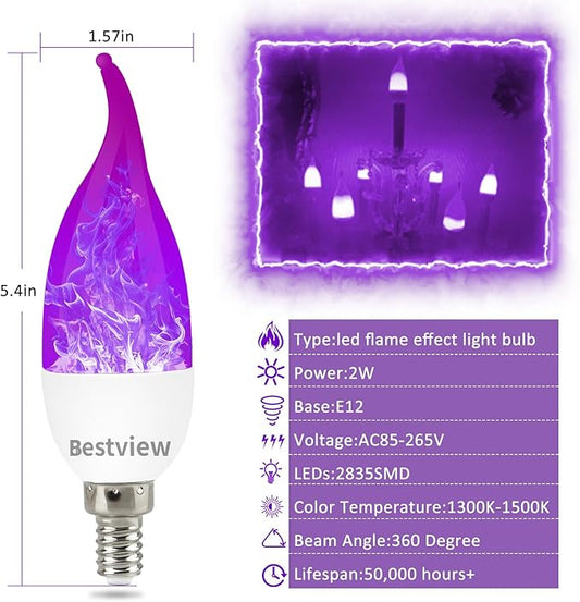 Bestview LED Flame Effect Light Bulbs,3 Modes Flickering Light Bulbs, Smart E12 Chandelier Base Candle Fire Light Bulb for Halloween, Christmas, Porch Indoor&Outdoor Decoration -6 Pack(Purple)