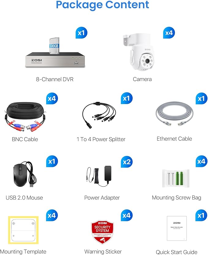 ZOSI 5MP Wired Security Camera System,4pcs 1080p Pan/Tilt 360°View Indoor Outdoor Camera,AI Human Vehicle Detection,Night Vision,Audio Recording,H.265+ 8CH DVR with 500GB HDD for 24/7 Surveillance