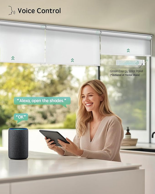 Yoolax Motorized Blinds with Remote, Light Filtering Smart Roller Shades Work with Alexa, Google, Apple Homekit, Custom Automatic Shades with Voice Control for Living Room (Pure White)