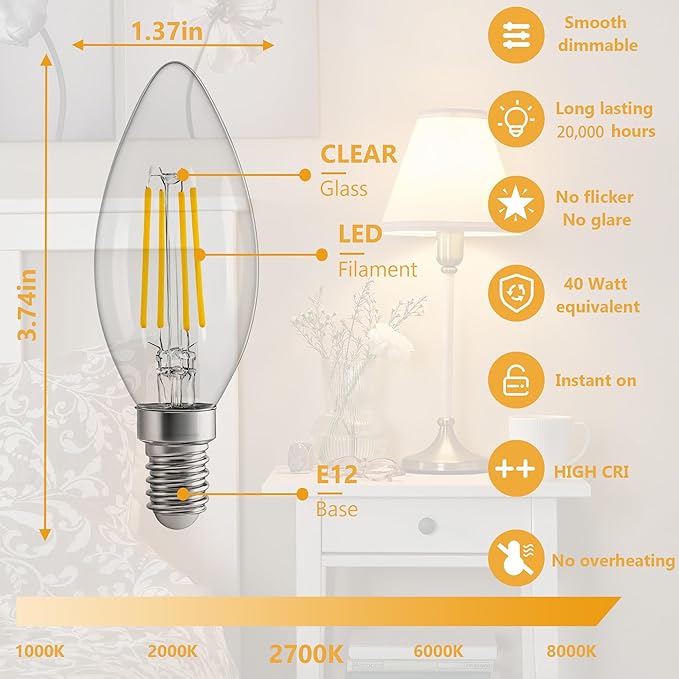 E12 LED Edison Light Bulbs,Soft White 2700K,Vintage Non-Dimmable Warm Light Bulbs, B11 conical Base,4W,CRI85+, 600LM, Cear Glass, Cear Glass,Applicable to Chandelier Light Bulbs(12 Pack)