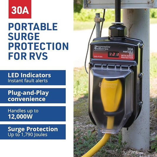Progressive Industries EMS-PT30X Portable RV Surge Protector, Black, 30 Amp
