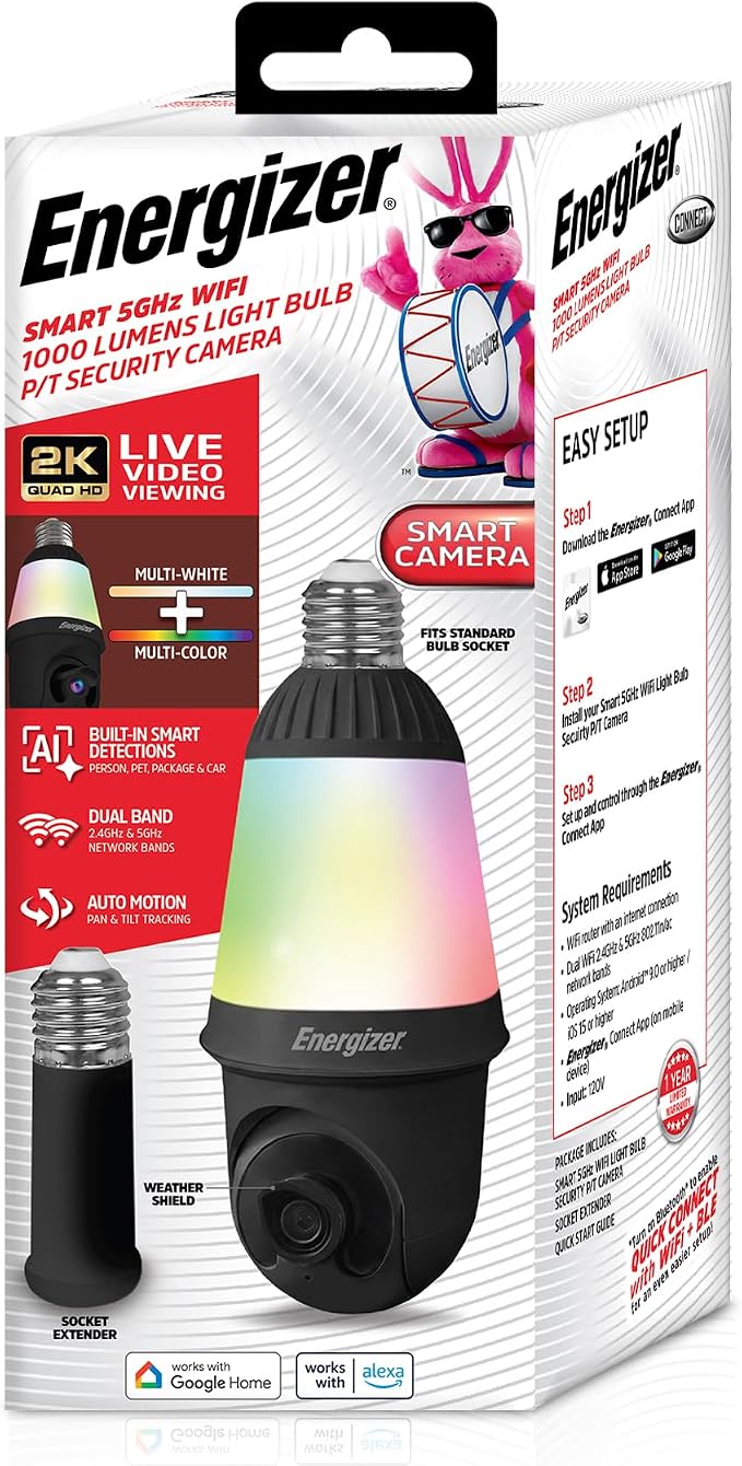 Energizer Smart 2K Light Bulb Security Camera, 1000 Lumens LED Light, 5G&2.4G Wi-Fi Outdoor Socket Camera, Pan Tilt Auto Tracking, (Black, AI Smart Detection Built-in)