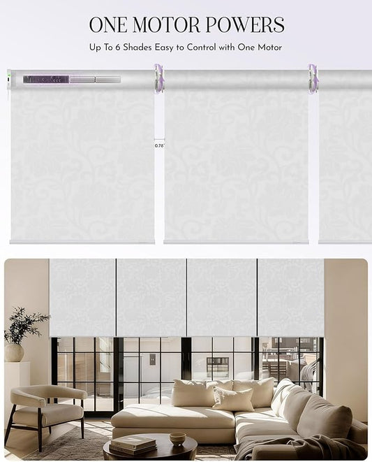 Graywind Smart Coupled Roller Shades Compatible with Alexa Google Custom Size Extra Large Motorized Blinds for Windows(Floral Jacquard White)