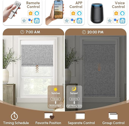 Kincmo Motorized Dual Shades, Custom Blackout & Light Filtering Motorized Blinds with Remote, Day and Night Smart Dual Roller Shades Work with Apple Homekit,Alexa,Google (Multicolor)