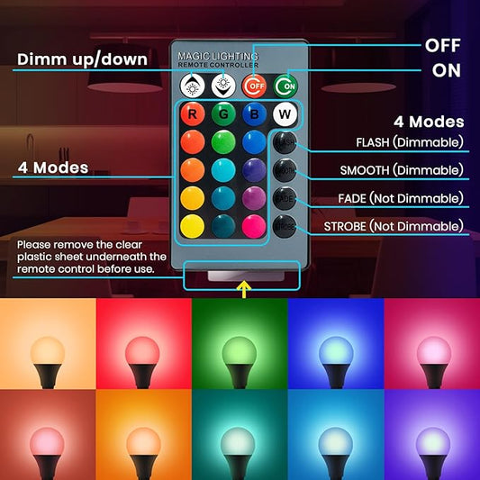 RGB LED Light Bulbs,4PCS Color Changing Light Bulb,5W 450LM A19 E27/E26 6500K White,16 Color Choices,Dimmable Multicolor Memory Remote Control Light Bulbs for Bedroom Indoor Party