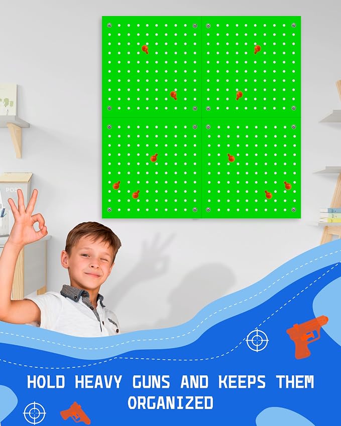 Wooden Peg Board for Nerf Gun Storage Organizer 13 x 13 x 0.31 In - Green | 4 MDF Panels, 20 Wooden Pegs, Compatible with All Blasters Nerf Gun Rack Organizer for Wall Organization