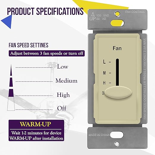 ENERLITES 3 Speed in-Wall Ceiling Fan Control, Slide Switch, 120VAC, 2.5A, Single-Pole, No Neutral Wire Required, 17000-F3-I-F, Ivory