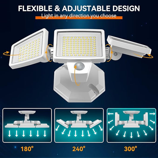 LED Security Lights Motion Sensor Outdoor Lights, 6500K Daylight, IP65 Waterproof, Dusk to Dawn, 3-Head Motion Detected Flood Light for Garage, Yard, Porch, White