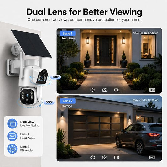 Camcamp Dual Lens Solar Security Cameras Wireless Outdoor System, 1 Camera (2 Views), 2.4/5 GHz WiFi, 2K Color Night Vision, 2-Way Audio, APP Remote, 0 Monthly Fee