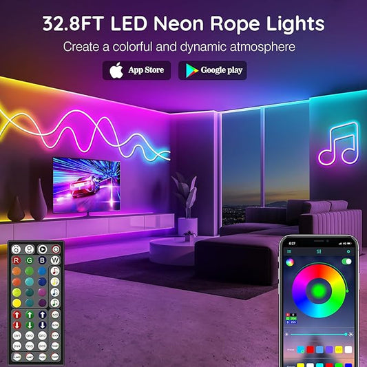 LETIANPAI 32.8FT Neon Rope Lights,Flexible Led Rope Lights Control with App/Remote,Multiple Modes Music Sync Gaming RGB Led Neon Lights for Bedroom Outdoor